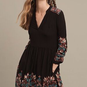 Anthropologie Floreat Avery Dress Medium black embroidered long leeve